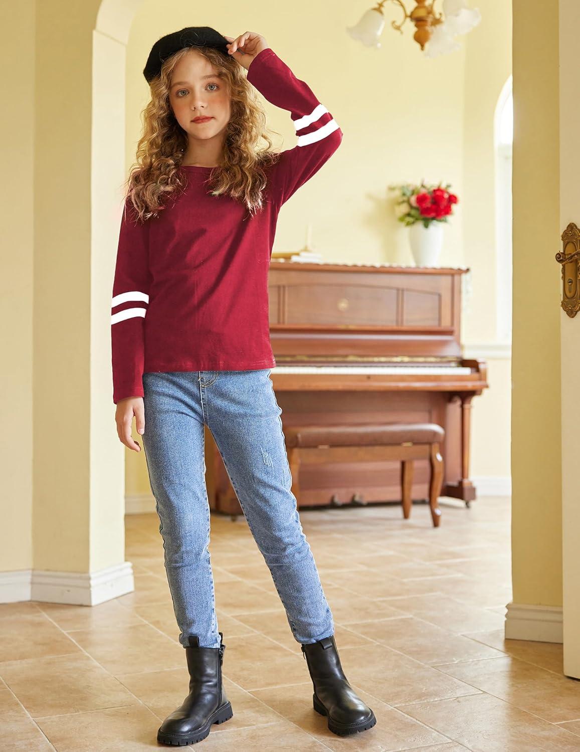 image:imageArshiner Girls Shirts Cotton Casual Basic Long Sleeve Crewneck Color Block Tunic Tee Tops BlouseRed