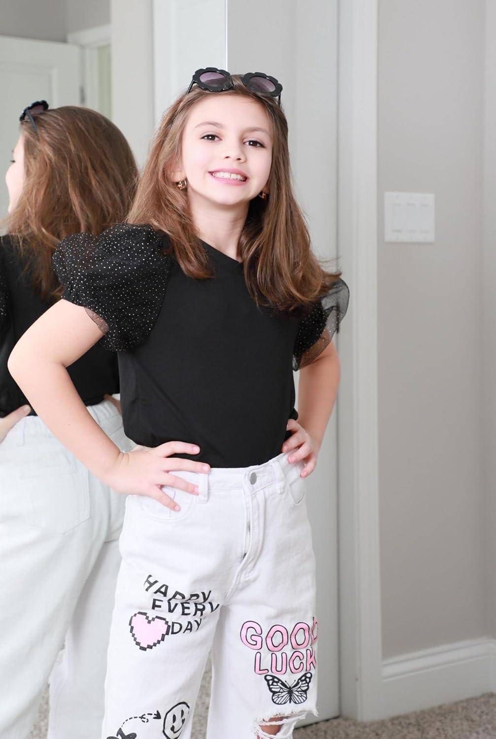 image:imageArshiner Girls Shirts Mesh Puff Short Sleeves Blouse Crewneck Cute Print Summer Kids Tee TopsBlack