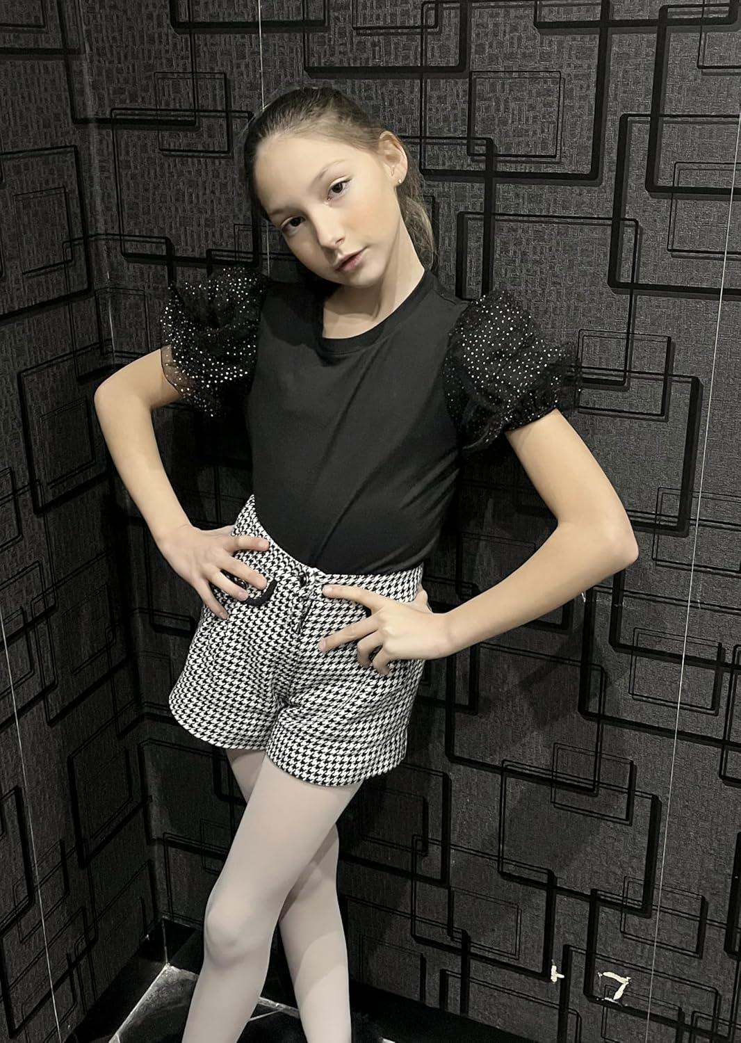 image:imageArshiner Girls Shirts Mesh Puff Short Sleeves Blouse Crewneck Cute Print Summer Kids Tee TopsBlack