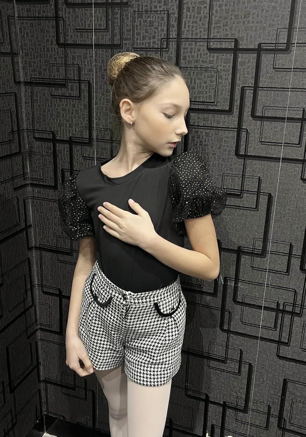image:imageArshiner Girls Shirts Mesh Puff Short Sleeves Blouse Crewneck Cute Print Summer Kids Tee TopsBlack