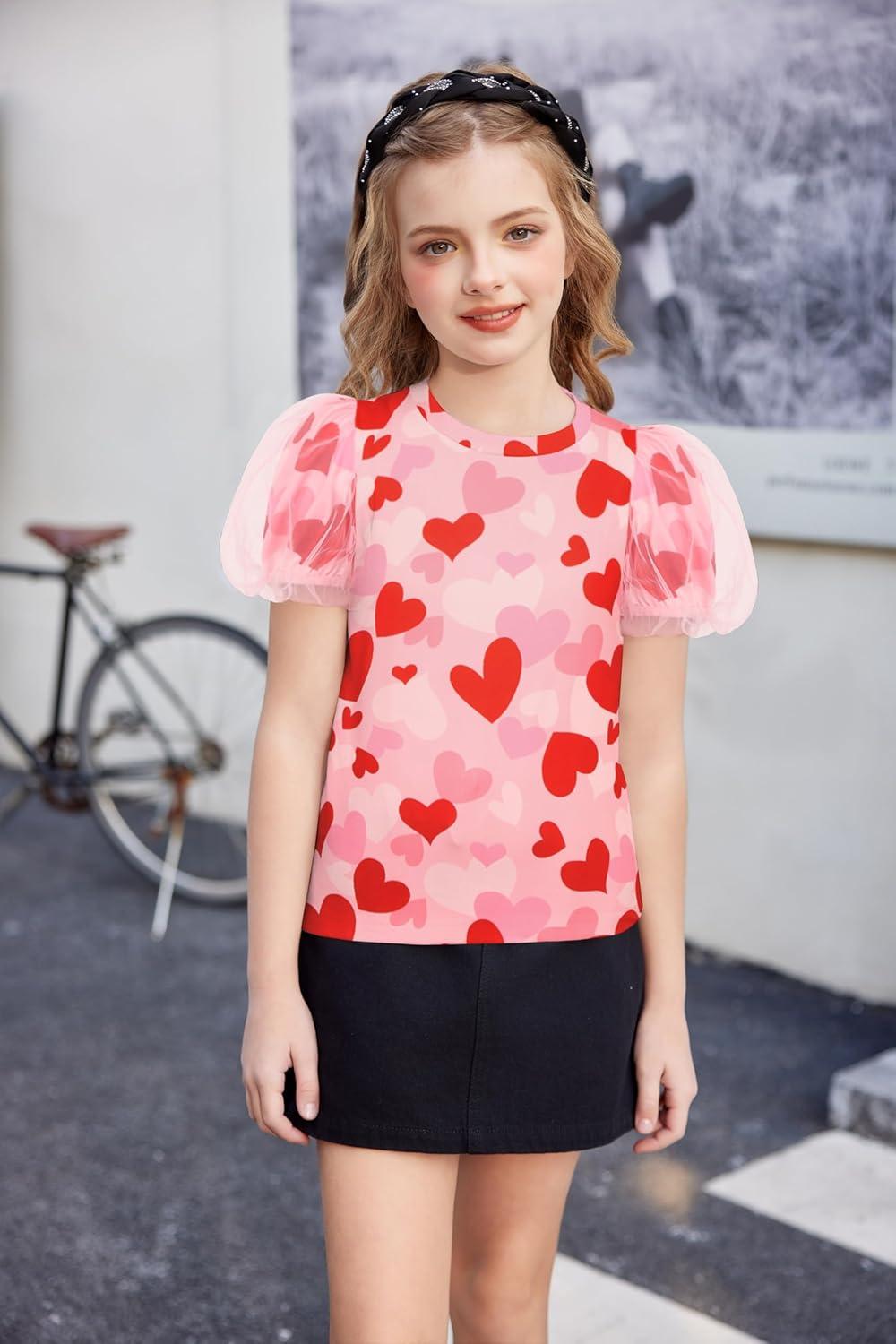 image:imageArshiner Girls Shirts Mesh Puff Short Sleeves Blouse Crewneck Cute Print Summer Kids Tee TopsCute Heart