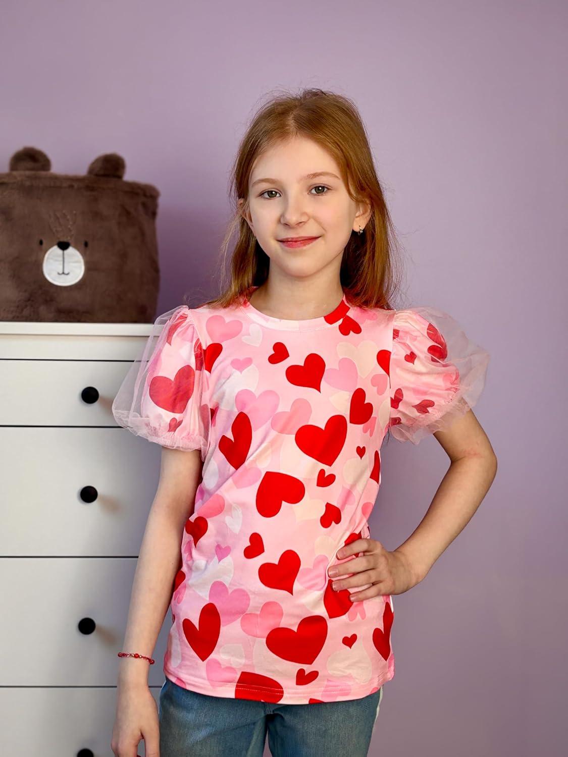 image:imageArshiner Girls Shirts Mesh Puff Short Sleeves Blouse Crewneck Cute Print Summer Kids Tee TopsCute Heart