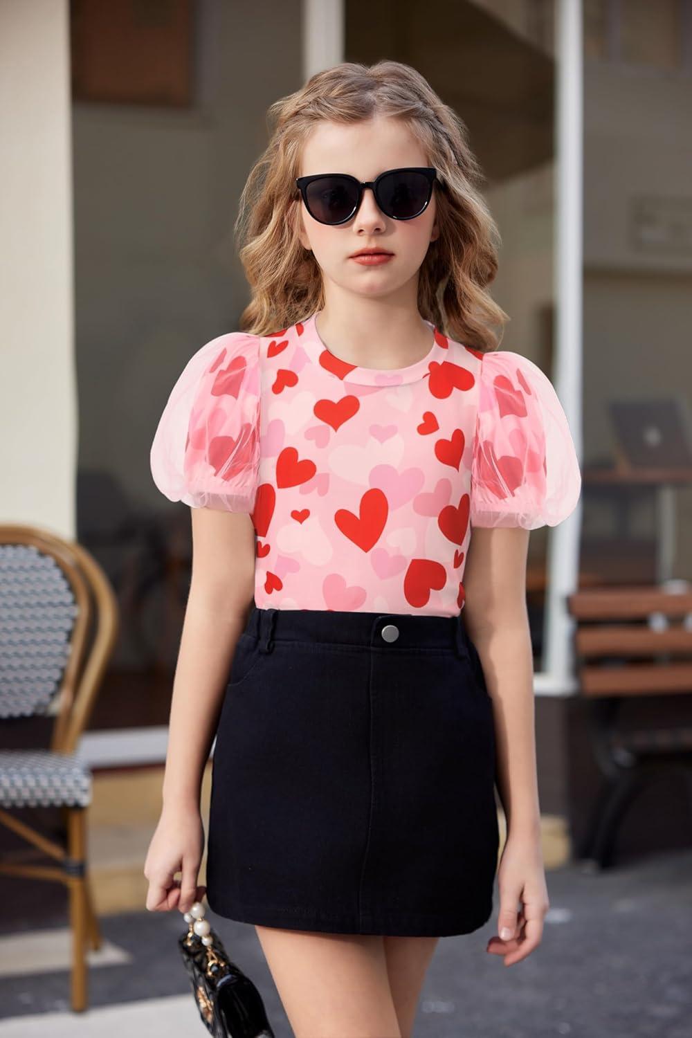 image:imageArshiner Girls Shirts Mesh Puff Short Sleeves Blouse Crewneck Cute Print Summer Kids Tee TopsCute Heart