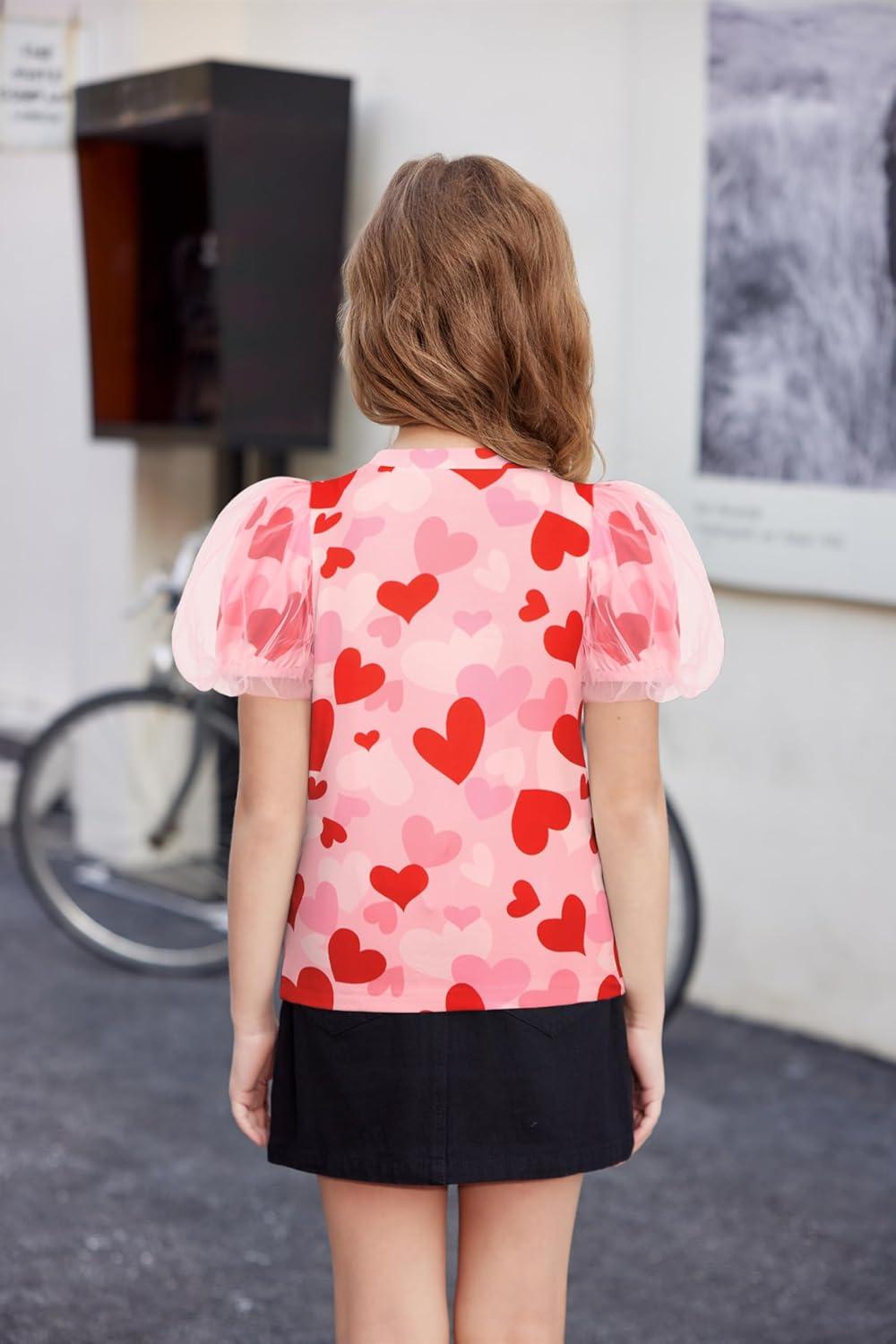image:imageArshiner Girls Shirts Mesh Puff Short Sleeves Blouse Crewneck Cute Print Summer Kids Tee TopsCute Heart