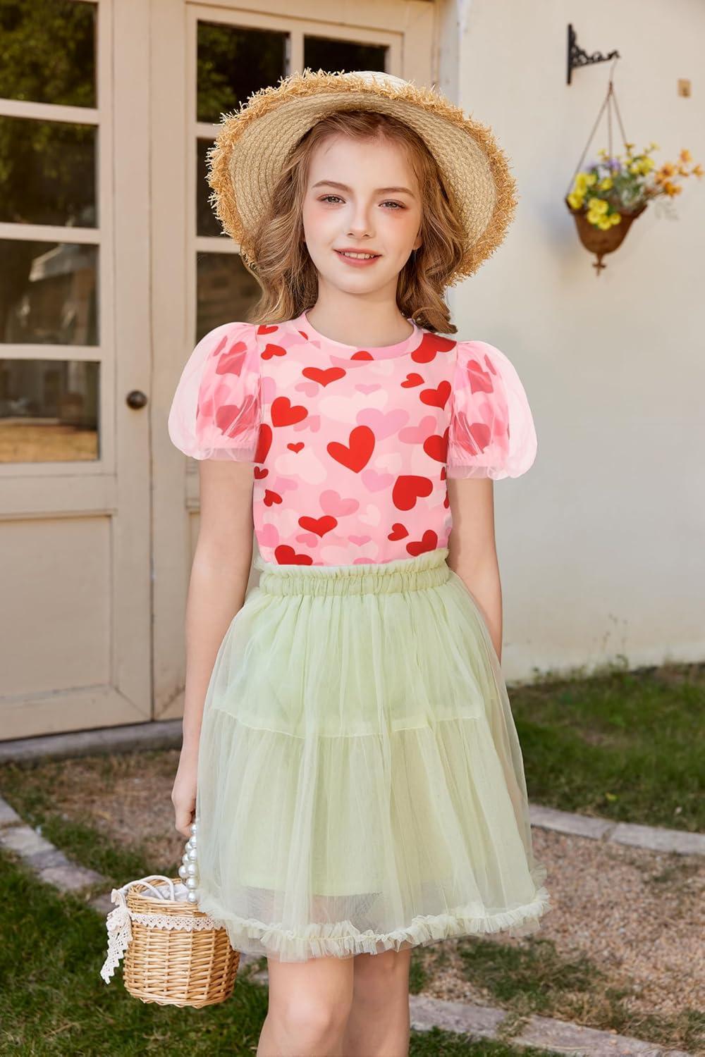 image:imageArshiner Girls Shirts Mesh Puff Short Sleeves Blouse Crewneck Cute Print Summer Kids Tee TopsCute Heart
