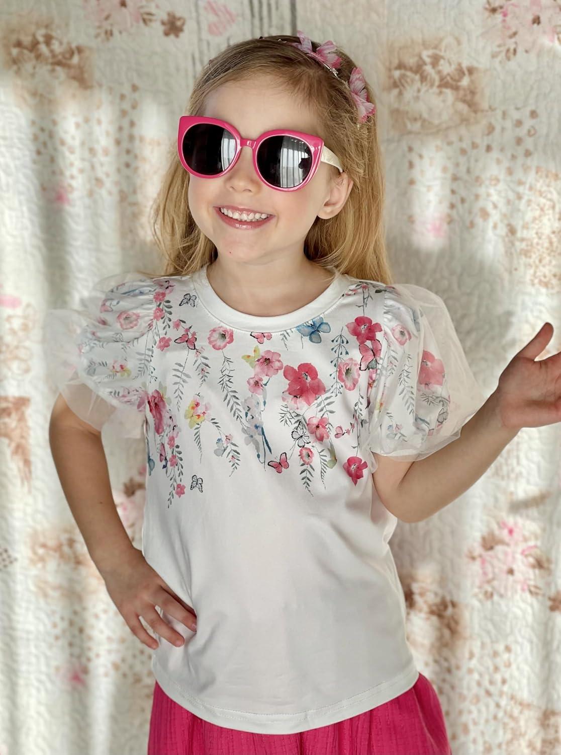image:imageArshiner Girls Shirts Mesh Puff Short Sleeves Blouse Crewneck Cute Print Summer Kids Tee TopsFlowers