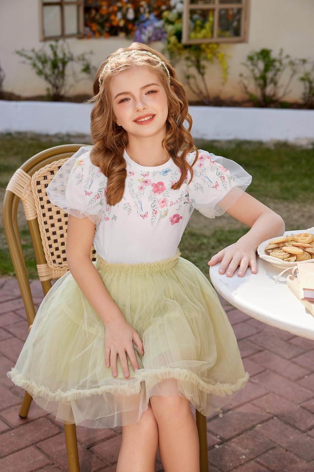 image:imageArshiner Girls Shirts Mesh Puff Short Sleeves Blouse Crewneck Cute Print Summer Kids Tee TopsFlowers