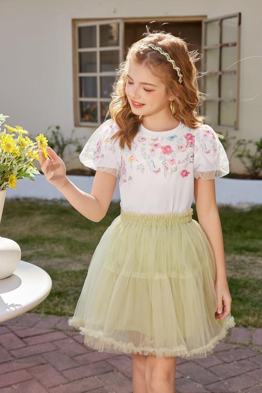 image:imageArshiner Girls Shirts Mesh Puff Short Sleeves Blouse Crewneck Cute Print Summer Kids Tee TopsFlowers