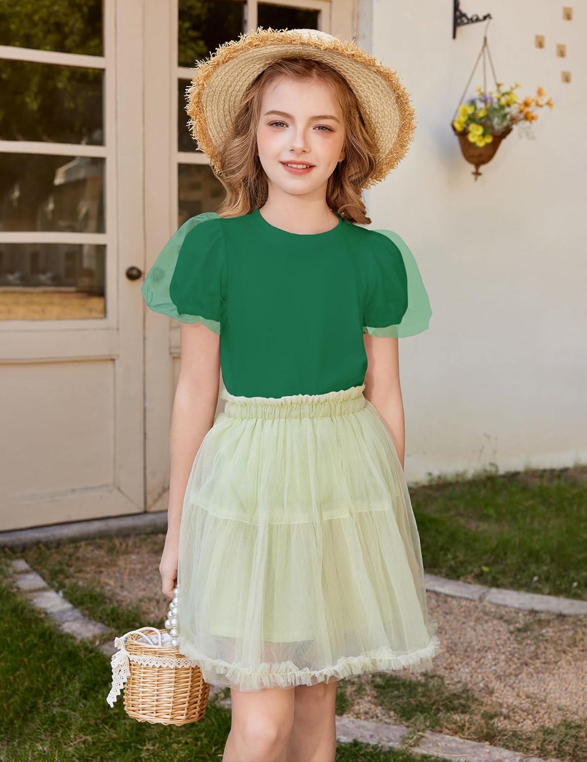 image:imageArshiner Girls Shirts Mesh Puff Short Sleeves Blouse Crewneck Cute Print Summer Kids Tee TopsGreen