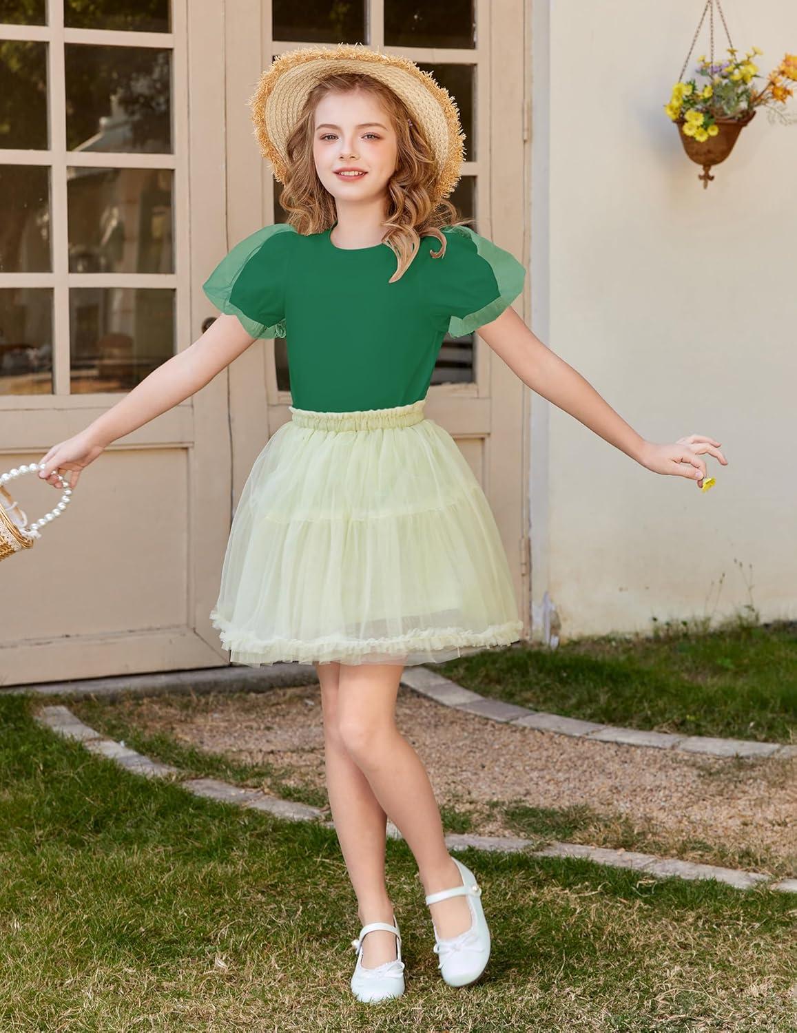image:imageArshiner Girls Shirts Mesh Puff Short Sleeves Blouse Crewneck Cute Print Summer Kids Tee TopsGreen