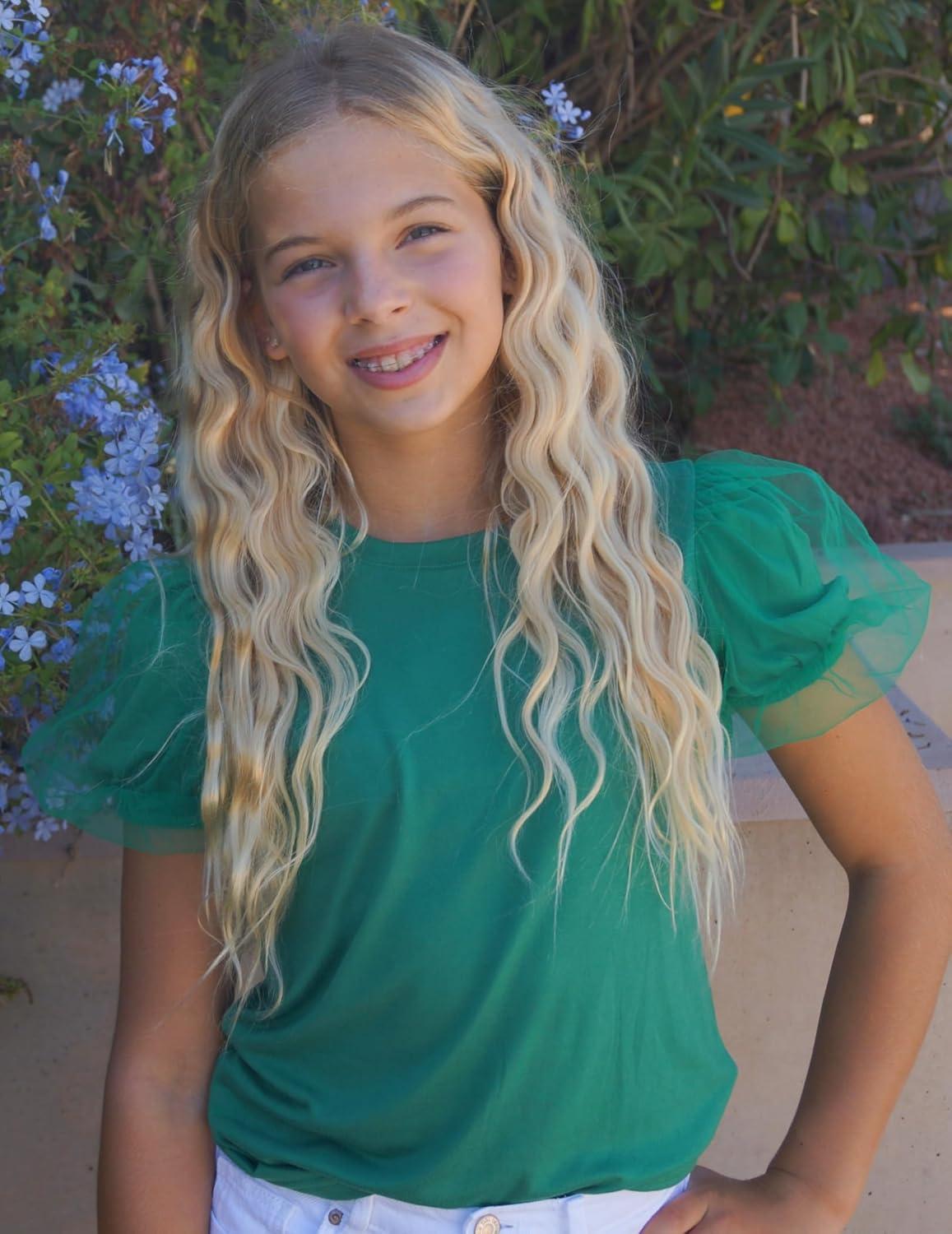 image:imageArshiner Girls Shirts Mesh Puff Short Sleeves Blouse Crewneck Cute Print Summer Kids Tee TopsGreen