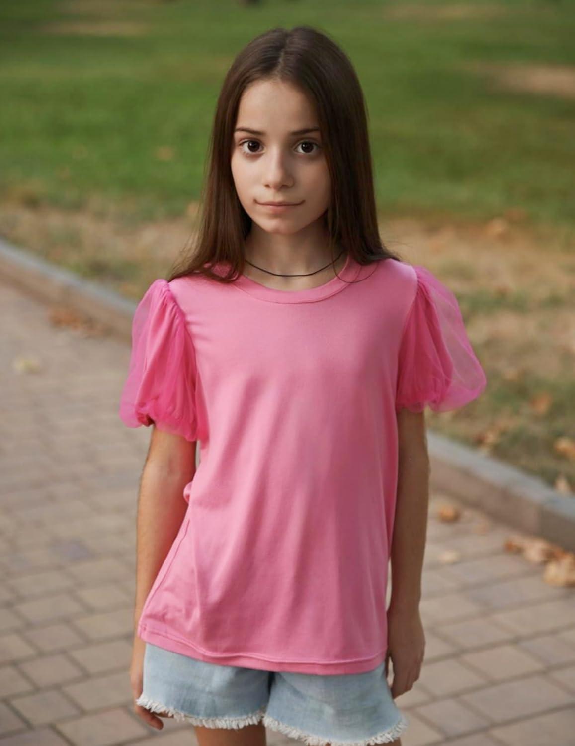 image:imageArshiner Girls Shirts Mesh Puff Short Sleeves Blouse Crewneck Cute Print Summer Kids Tee TopsHot Pink