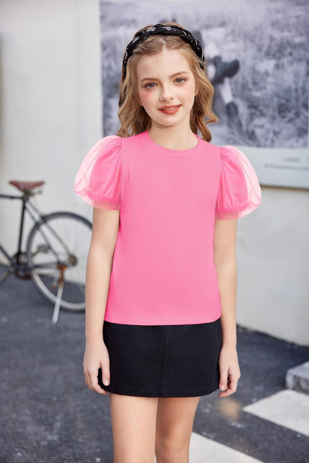 image:imageArshiner Girls Shirts Mesh Puff Short Sleeves Blouse Crewneck Cute Print Summer Kids Tee TopsHot Pink
