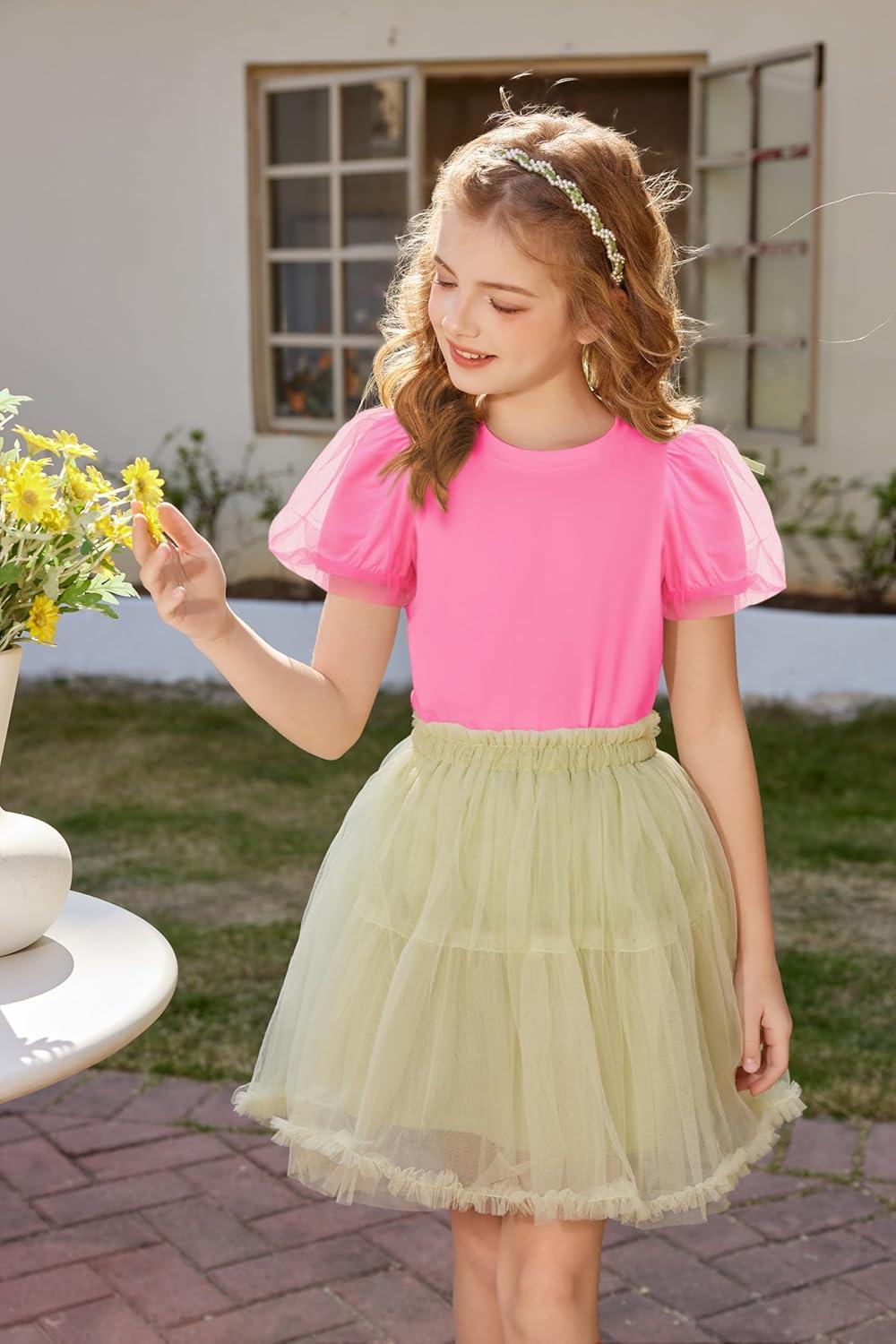 image:imageArshiner Girls Shirts Mesh Puff Short Sleeves Blouse Crewneck Cute Print Summer Kids Tee TopsHot Pink