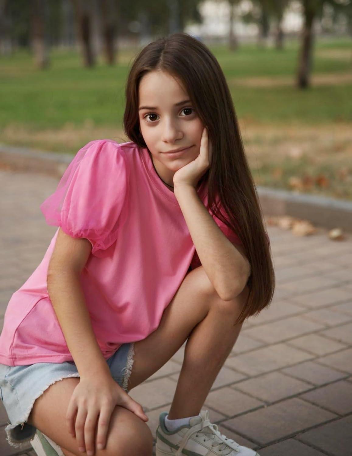 image:imageArshiner Girls Shirts Mesh Puff Short Sleeves Blouse Crewneck Cute Print Summer Kids Tee TopsHot Pink