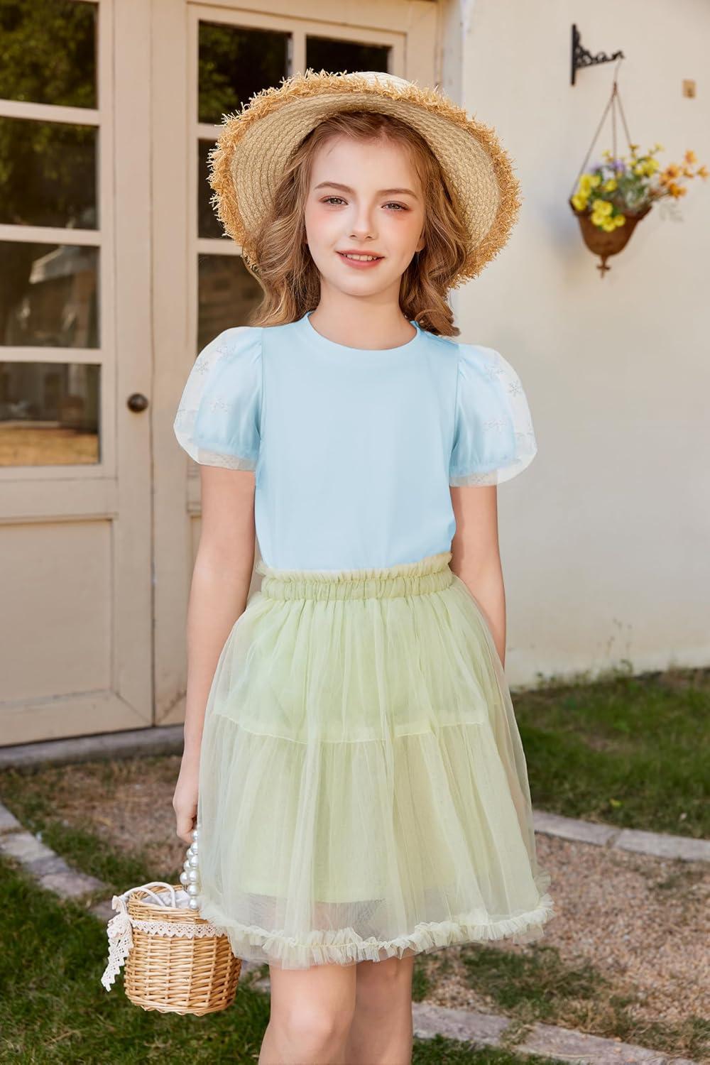 image:imageArshiner Girls Shirts Mesh Puff Short Sleeves Blouse Crewneck Cute Print Summer Kids Tee TopsLight Blue