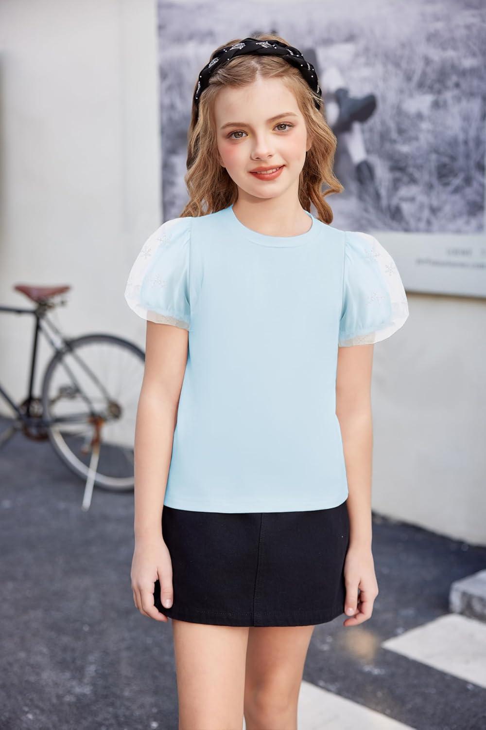 image:imageArshiner Girls Shirts Mesh Puff Short Sleeves Blouse Crewneck Cute Print Summer Kids Tee TopsLight Blue