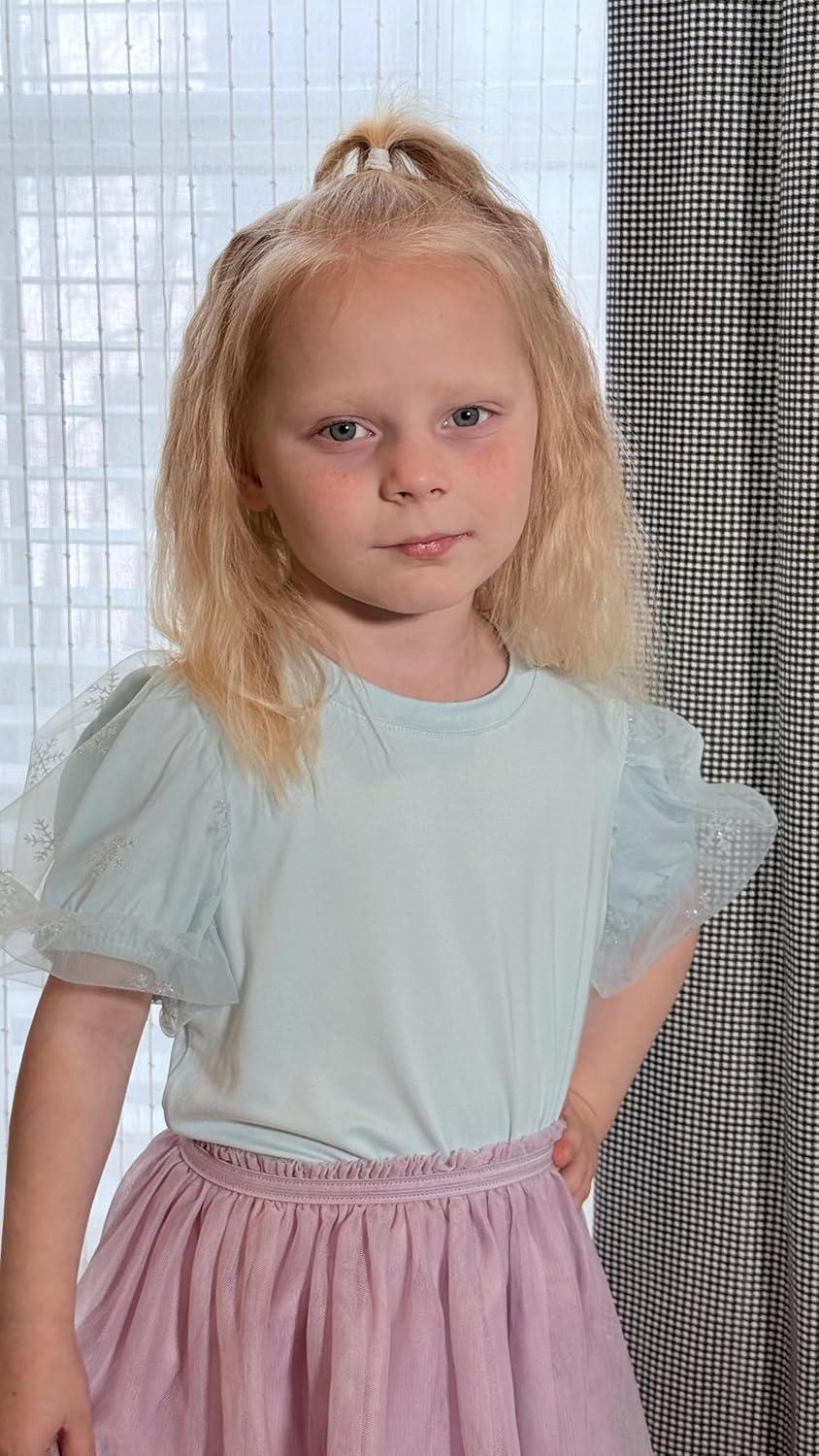 image:imageArshiner Girls Shirts Mesh Puff Short Sleeves Blouse Crewneck Cute Print Summer Kids Tee TopsLight Blue