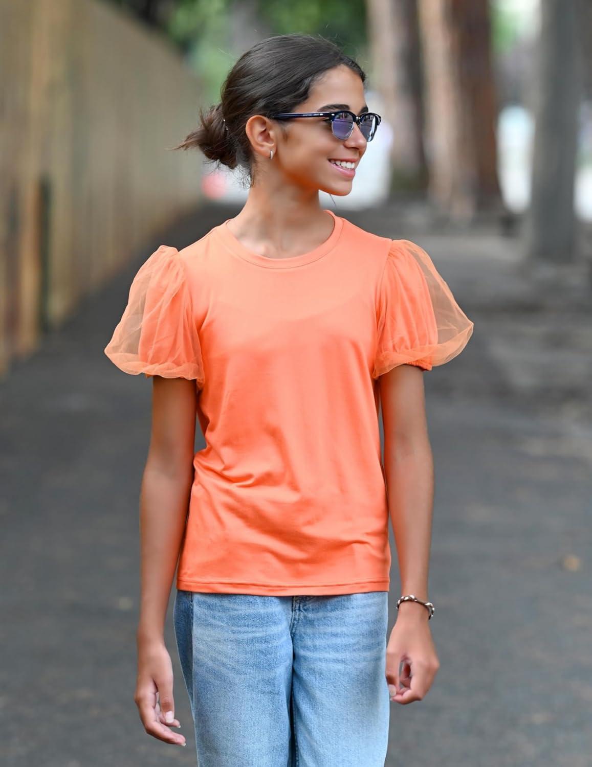 image:imageArshiner Girls Shirts Mesh Puff Short Sleeves Blouse Crewneck Cute Print Summer Kids Tee TopsOrange