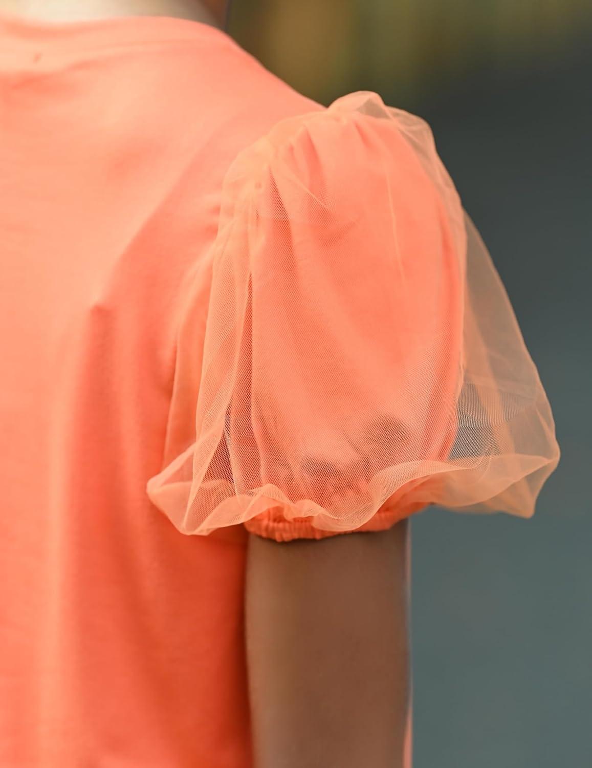 image:imageArshiner Girls Shirts Mesh Puff Short Sleeves Blouse Crewneck Cute Print Summer Kids Tee TopsOrange