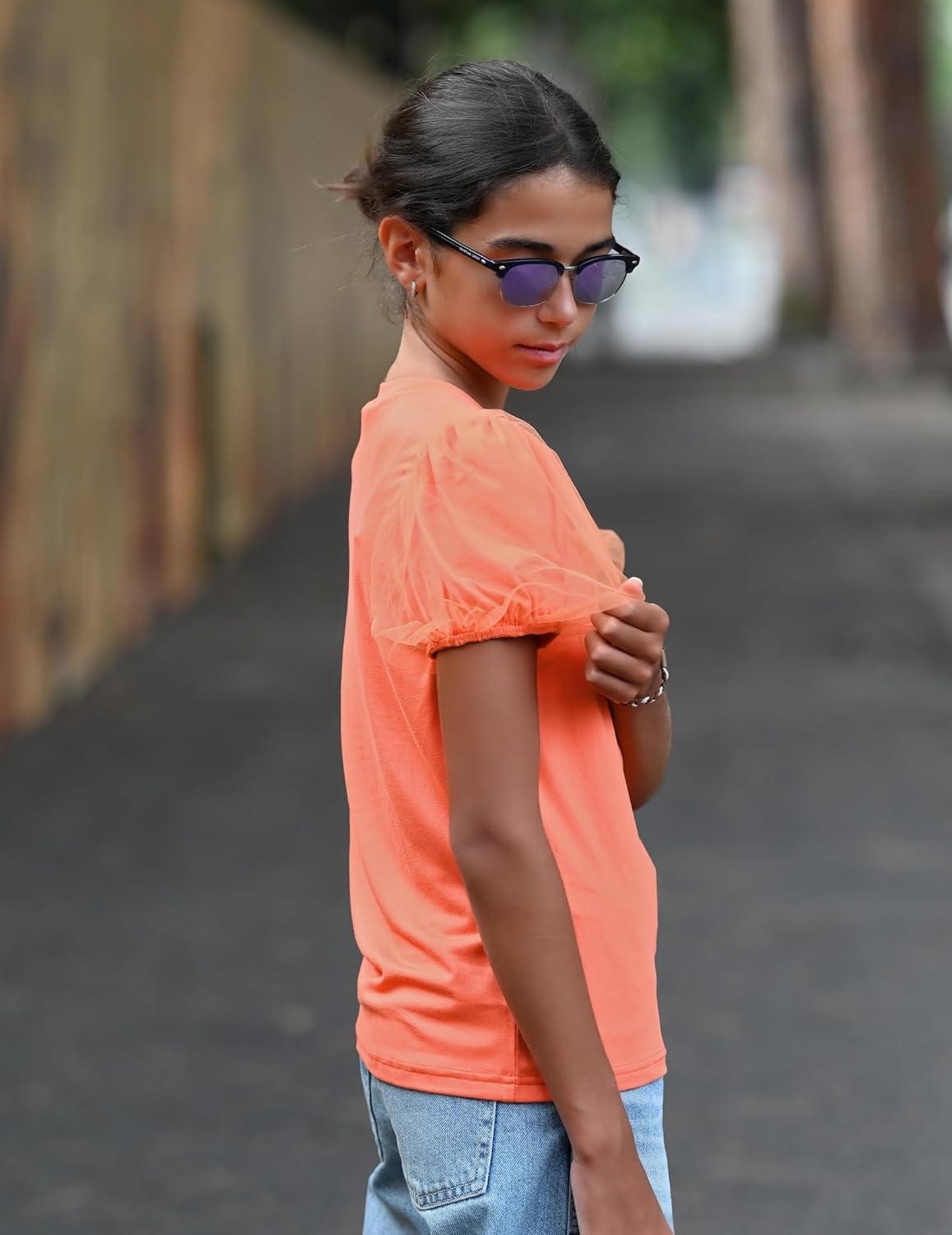 image:imageArshiner Girls Shirts Mesh Puff Short Sleeves Blouse Crewneck Cute Print Summer Kids Tee TopsOrange