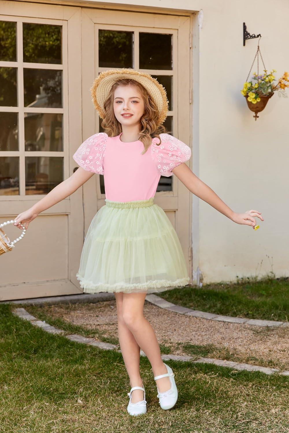 image:imageArshiner Girls Shirts Mesh Puff Short Sleeves Blouse Crewneck Cute Print Summer Kids Tee TopsPink