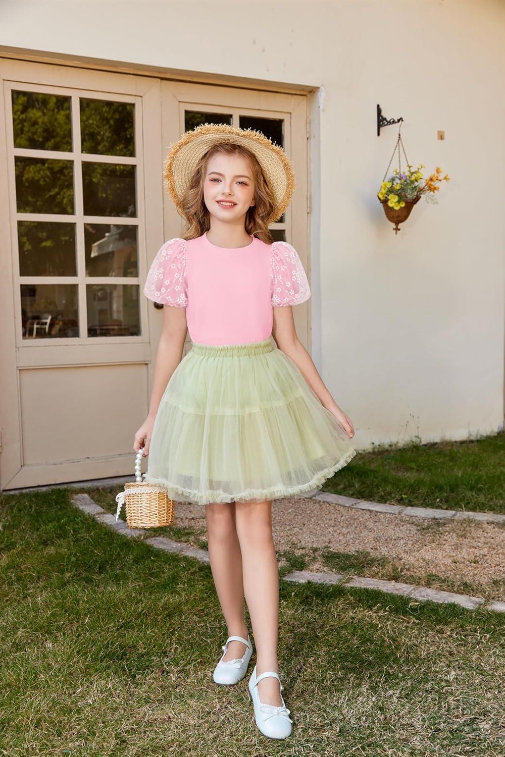 image:imageArshiner Girls Shirts Mesh Puff Short Sleeves Blouse Crewneck Cute Print Summer Kids Tee TopsPink