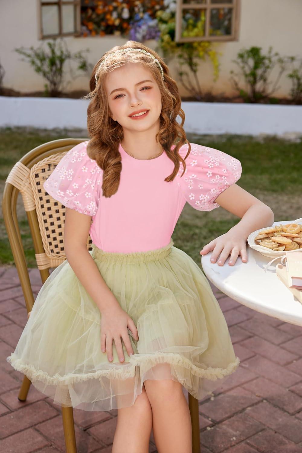 image:imageArshiner Girls Shirts Mesh Puff Short Sleeves Blouse Crewneck Cute Print Summer Kids Tee TopsPink