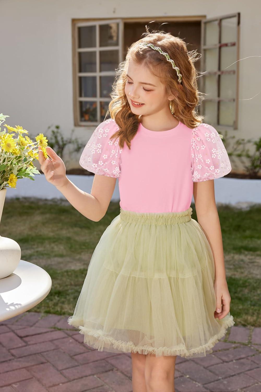 image:imageArshiner Girls Shirts Mesh Puff Short Sleeves Blouse Crewneck Cute Print Summer Kids Tee TopsPink