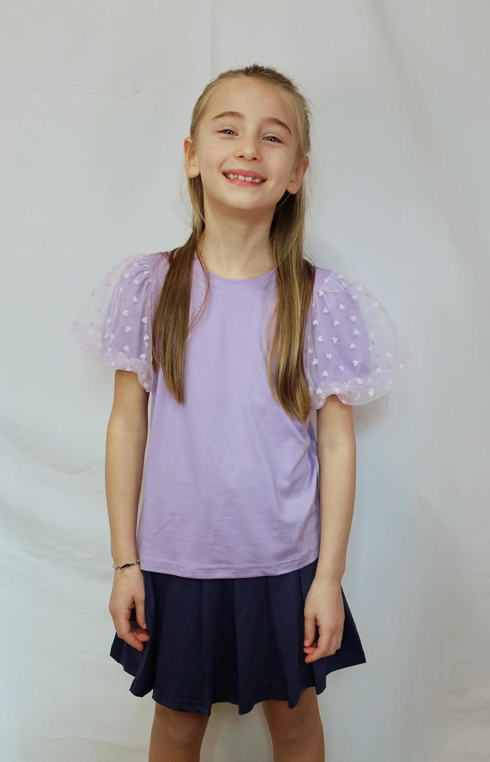 image:imageArshiner Girls Shirts Mesh Puff Short Sleeves Blouse Crewneck Cute Print Summer Kids Tee TopsPurple