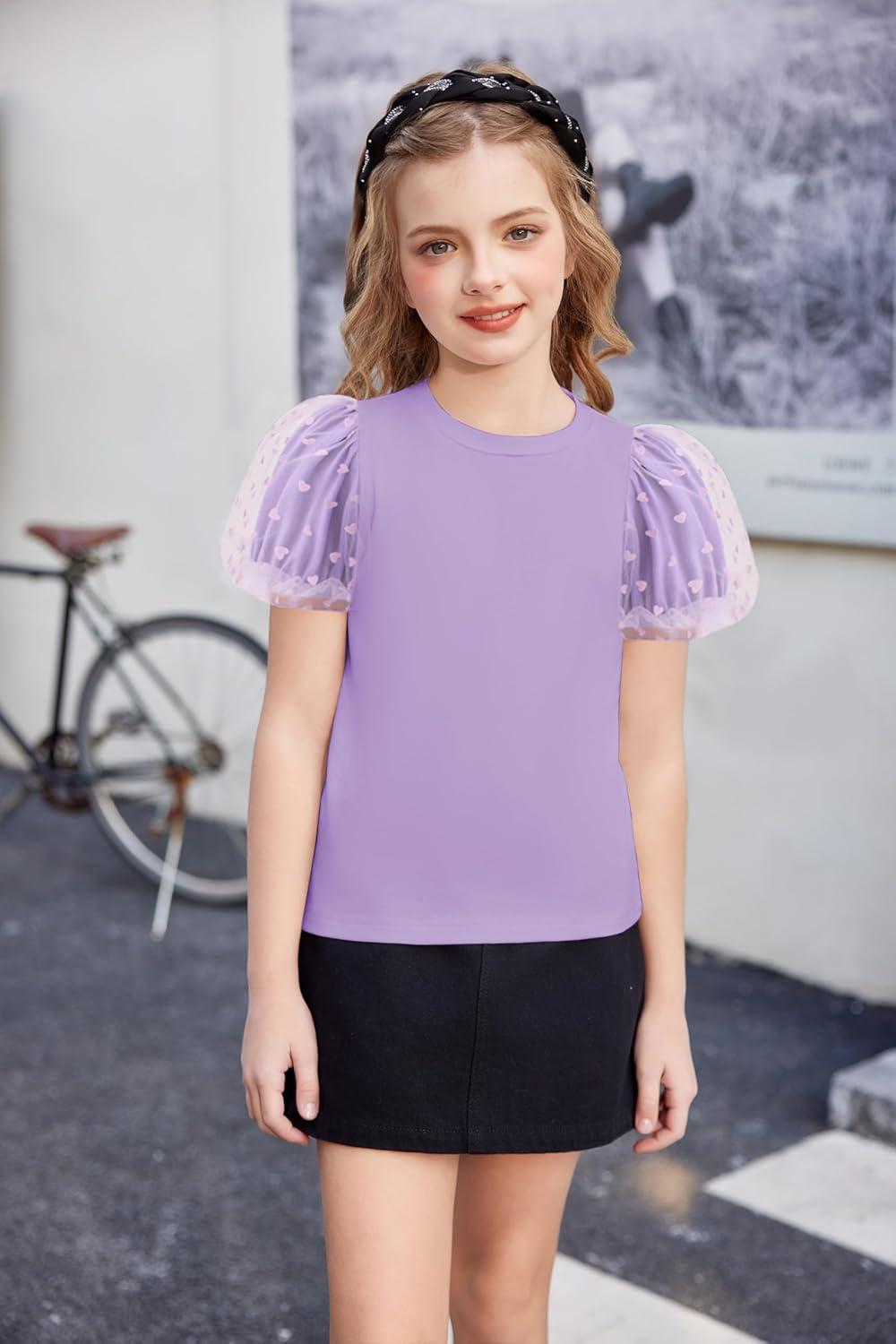 image:imageArshiner Girls Shirts Mesh Puff Short Sleeves Blouse Crewneck Cute Print Summer Kids Tee TopsPurple