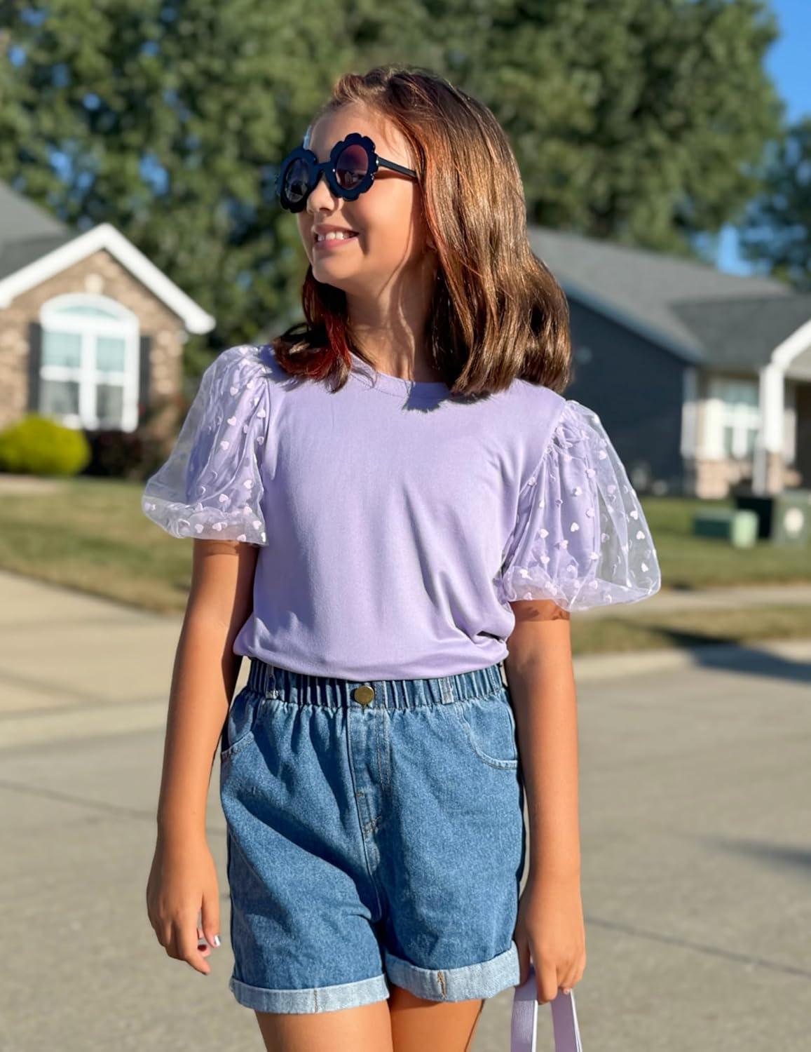 image:imageArshiner Girls Shirts Mesh Puff Short Sleeves Blouse Crewneck Cute Print Summer Kids Tee TopsPurple