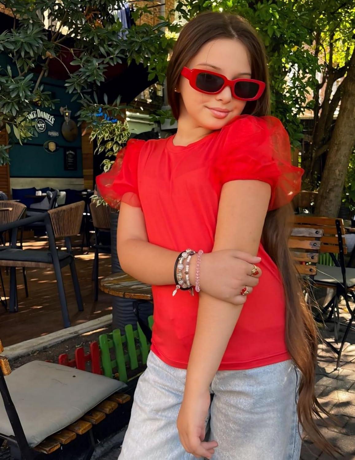 image:imageArshiner Girls Shirts Mesh Puff Short Sleeves Blouse Crewneck Cute Print Summer Kids Tee TopsRed