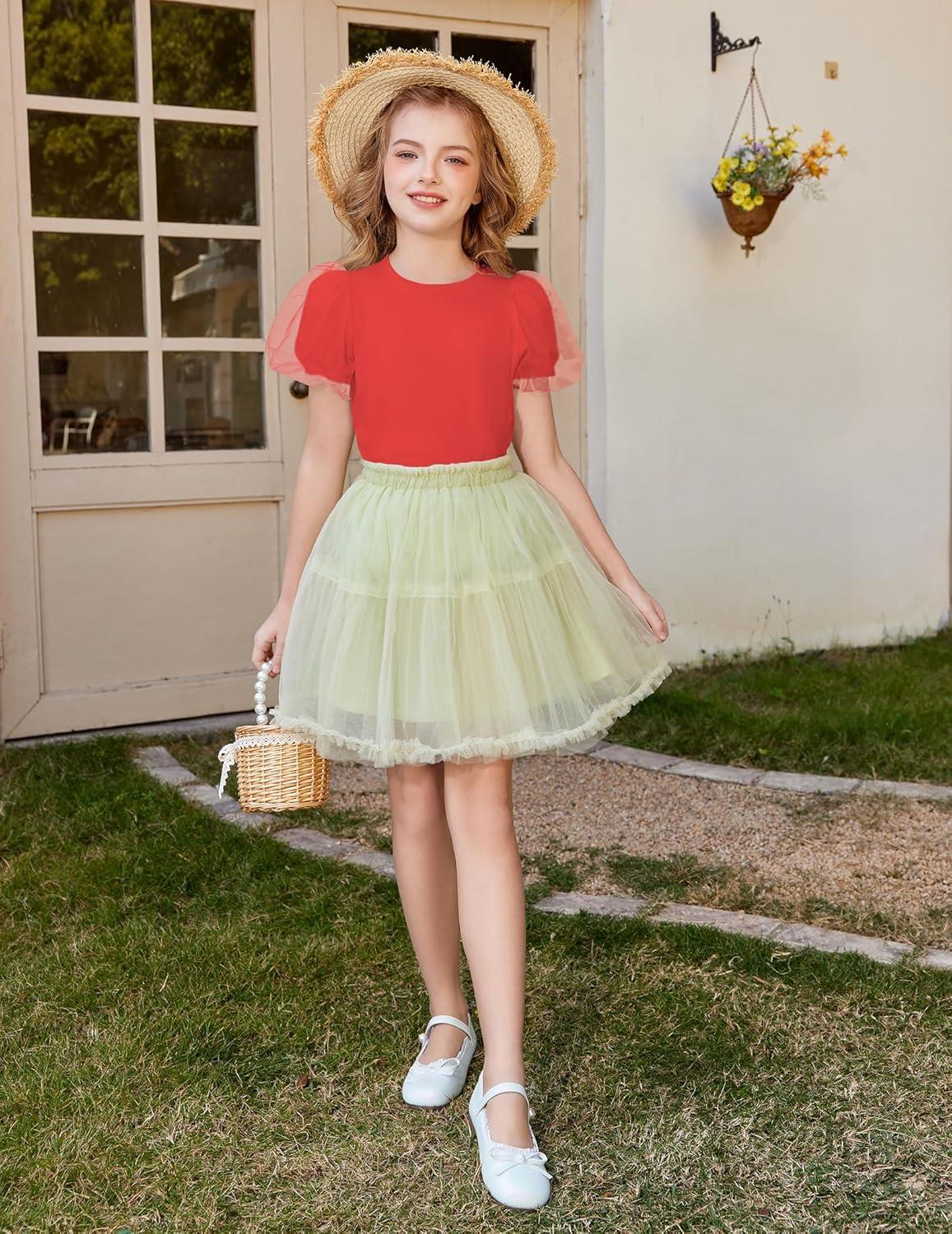 image:imageArshiner Girls Shirts Mesh Puff Short Sleeves Blouse Crewneck Cute Print Summer Kids Tee TopsRed