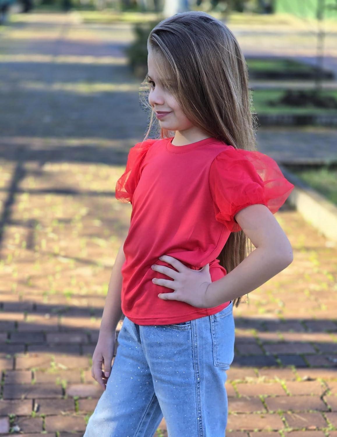 image:imageArshiner Girls Shirts Mesh Puff Short Sleeves Blouse Crewneck Cute Print Summer Kids Tee TopsRed