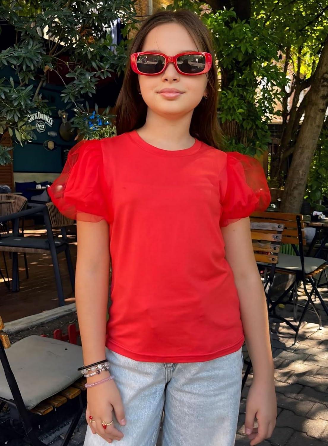 image:imageArshiner Girls Shirts Mesh Puff Short Sleeves Blouse Crewneck Cute Print Summer Kids Tee TopsRed