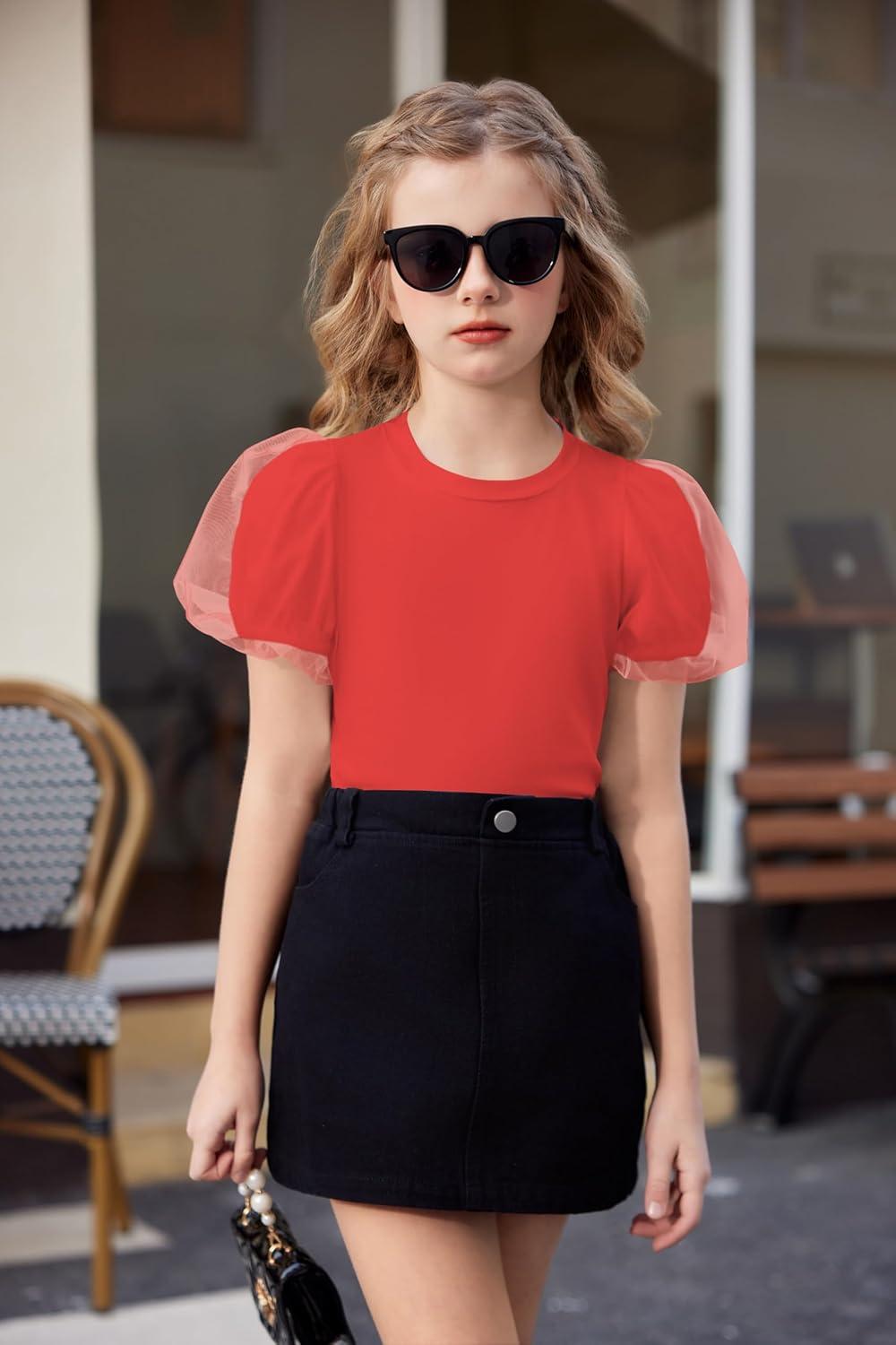 image:imageArshiner Girls Shirts Mesh Puff Short Sleeves Blouse Crewneck Cute Print Summer Kids Tee TopsRed