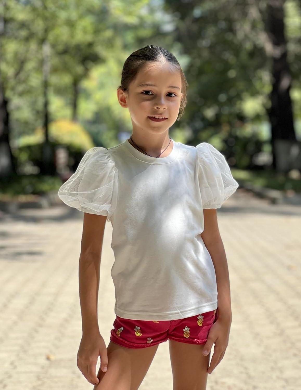 image:imageArshiner Girls Shirts Mesh Puff Short Sleeves Blouse Crewneck Cute Print Summer Kids Tee TopsWhite