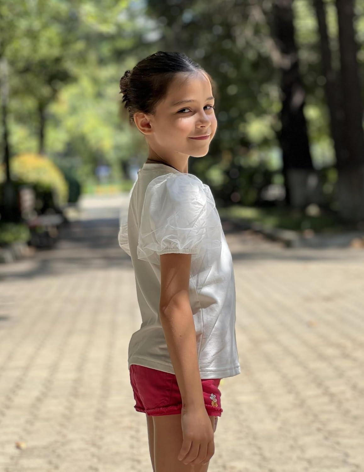 image:imageArshiner Girls Shirts Mesh Puff Short Sleeves Blouse Crewneck Cute Print Summer Kids Tee TopsWhite