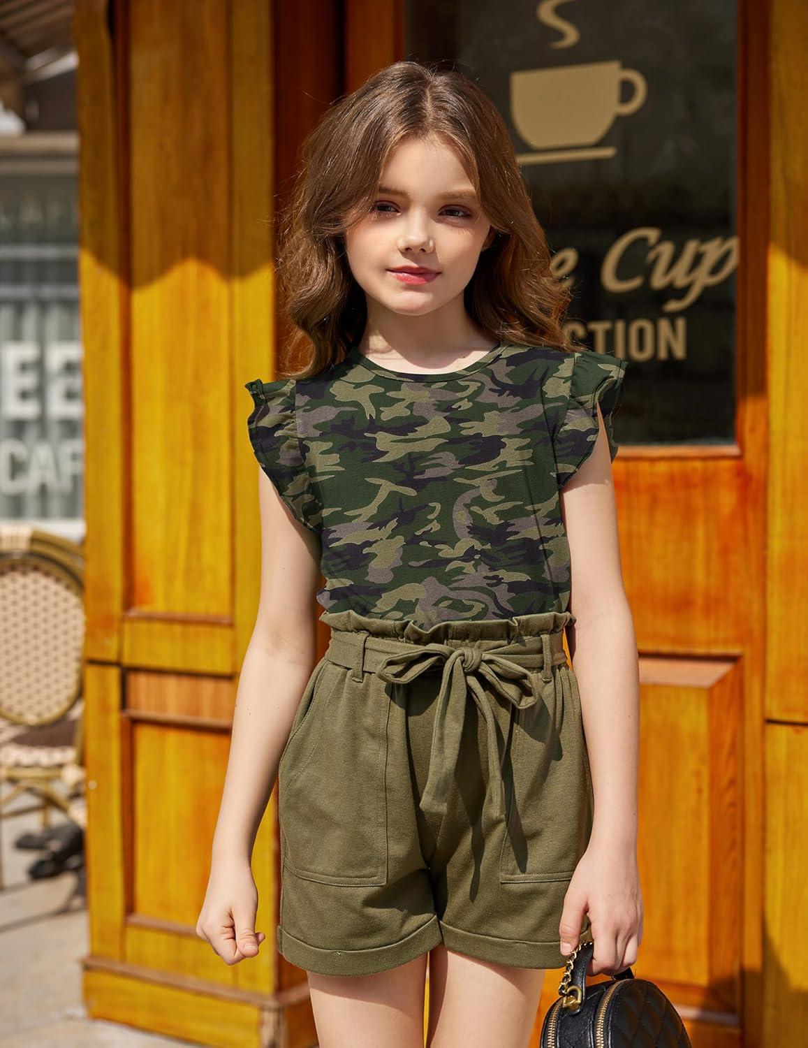 image:imageArshiner Girls Shirts Ruffle Short Sleeve Summer Cute Casual Crewneck Tops Blouse TeeCamo