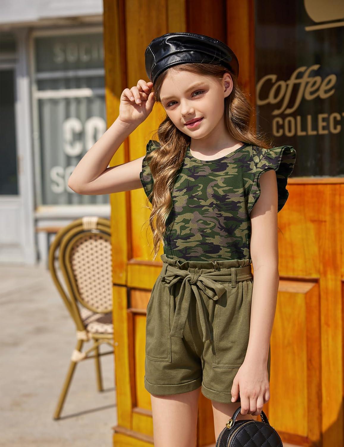 image:imageArshiner Girls Shirts Ruffle Short Sleeve Summer Cute Casual Crewneck Tops Blouse TeeCamo