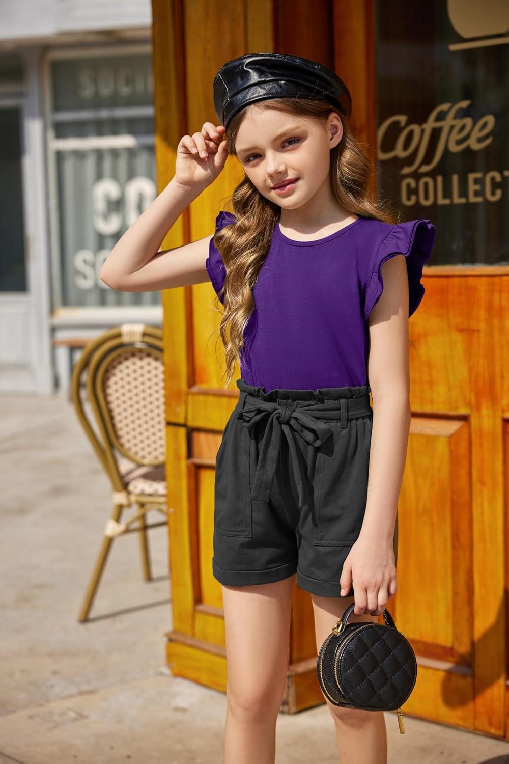 image:imageArshiner Girls Shirts Ruffle Short Sleeve Summer Cute Casual Crewneck Tops Blouse TeeDark Purple
