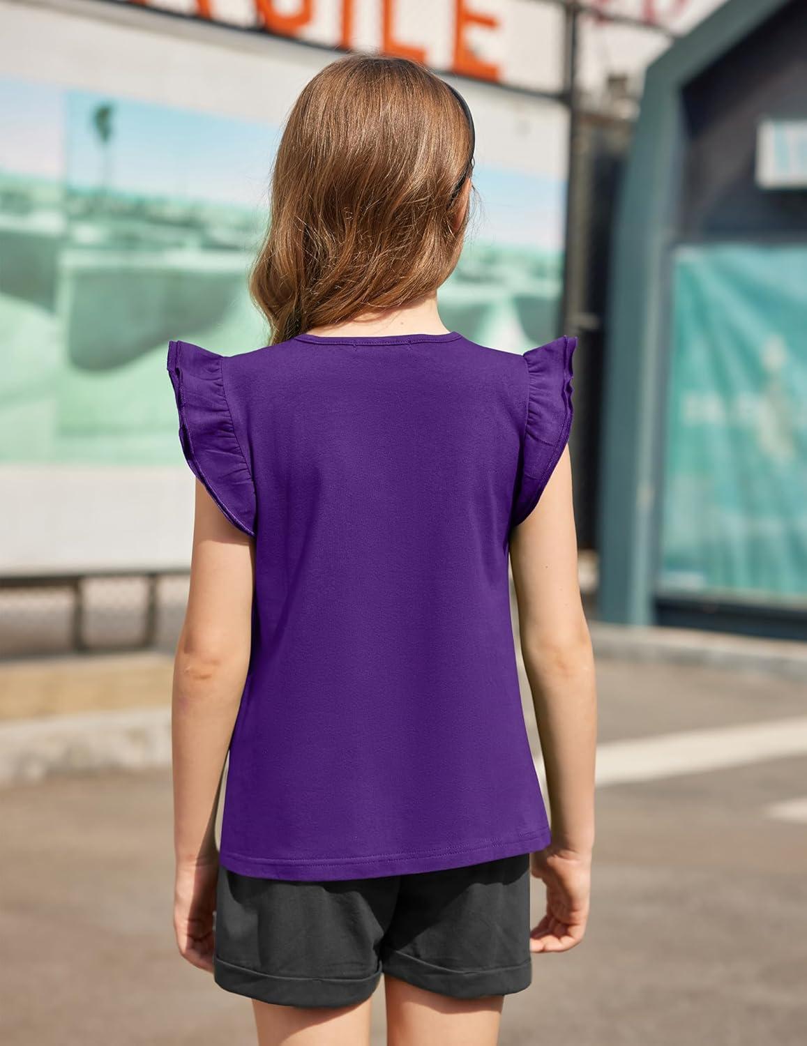 image:imageArshiner Girls Shirts Ruffle Short Sleeve Summer Cute Casual Crewneck Tops Blouse TeeDark Purple