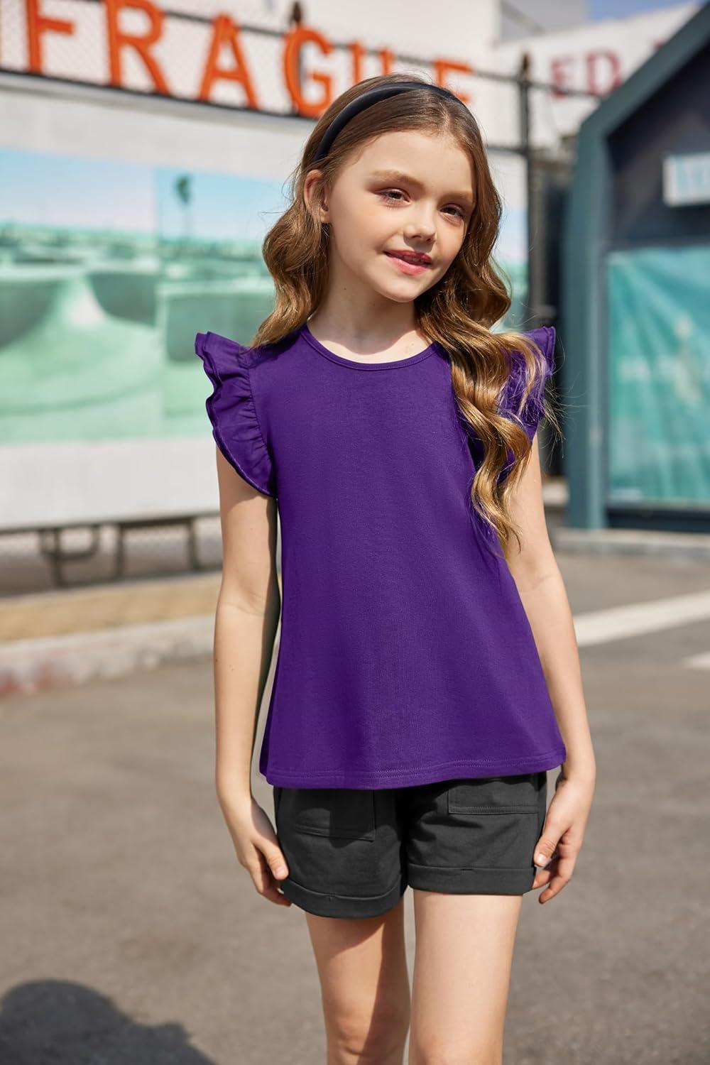 image:imageArshiner Girls Shirts Ruffle Short Sleeve Summer Cute Casual Crewneck Tops Blouse TeeDark Purple