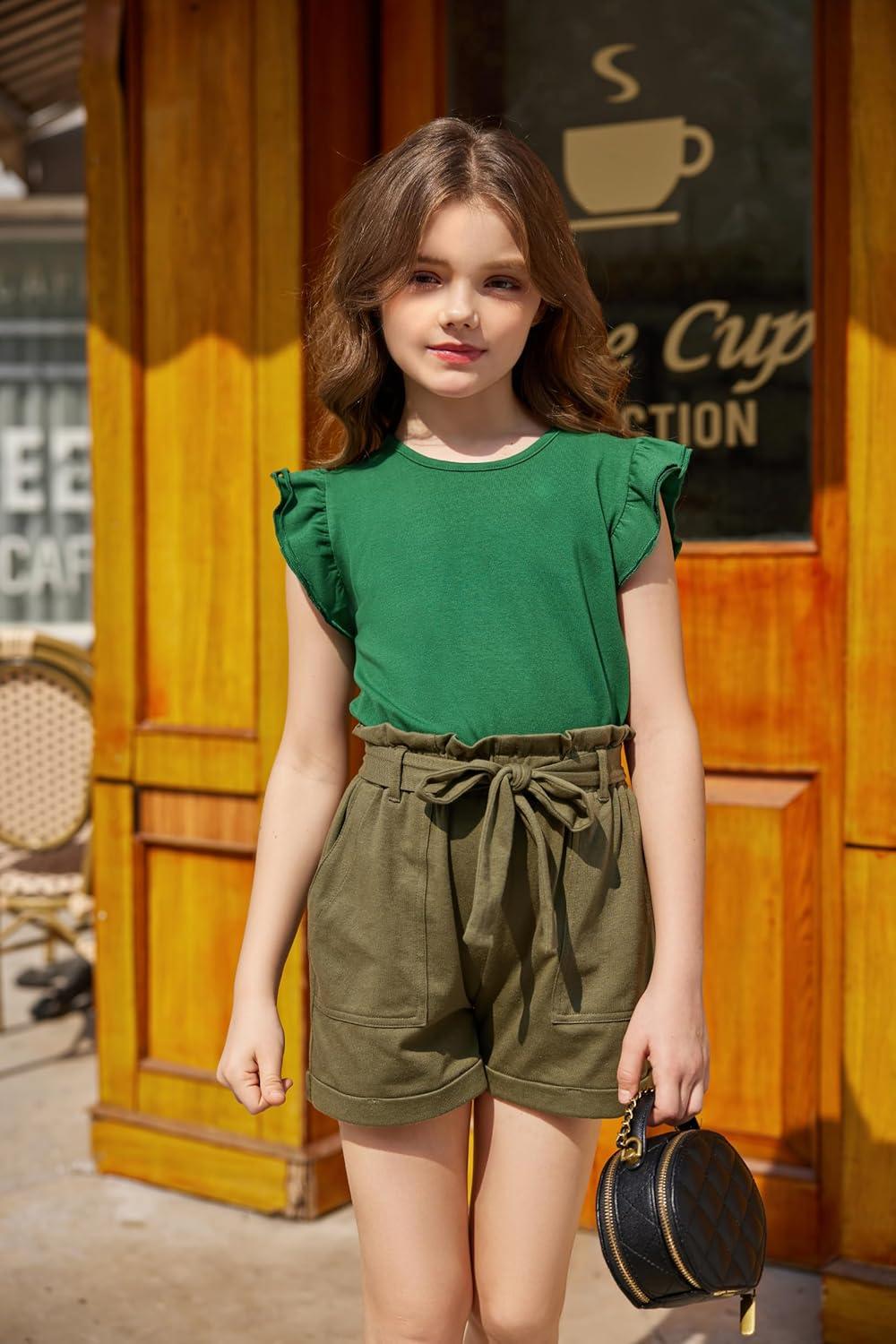 image:imageArshiner Girls Shirts Ruffle Short Sleeve Summer Cute Casual Crewneck Tops Blouse TeeGreen