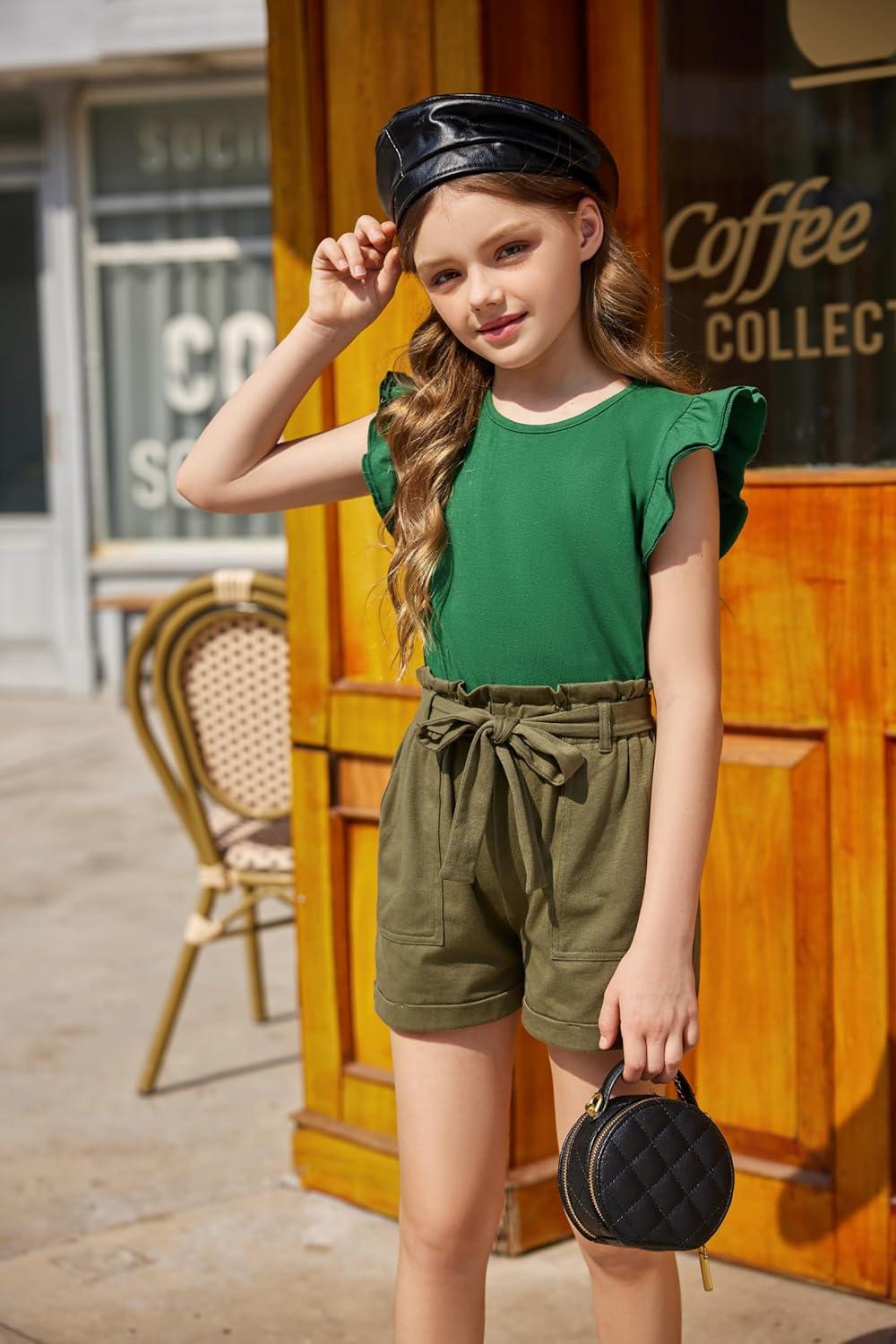 image:imageArshiner Girls Shirts Ruffle Short Sleeve Summer Cute Casual Crewneck Tops Blouse TeeGreen
