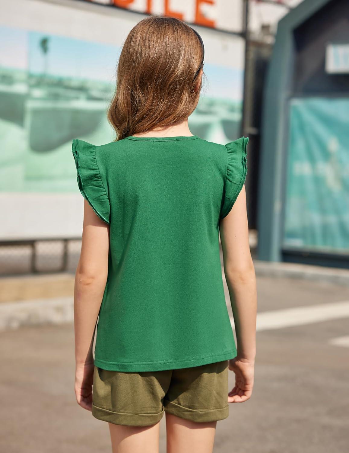 image:imageArshiner Girls Shirts Ruffle Short Sleeve Summer Cute Casual Crewneck Tops Blouse TeeGreen