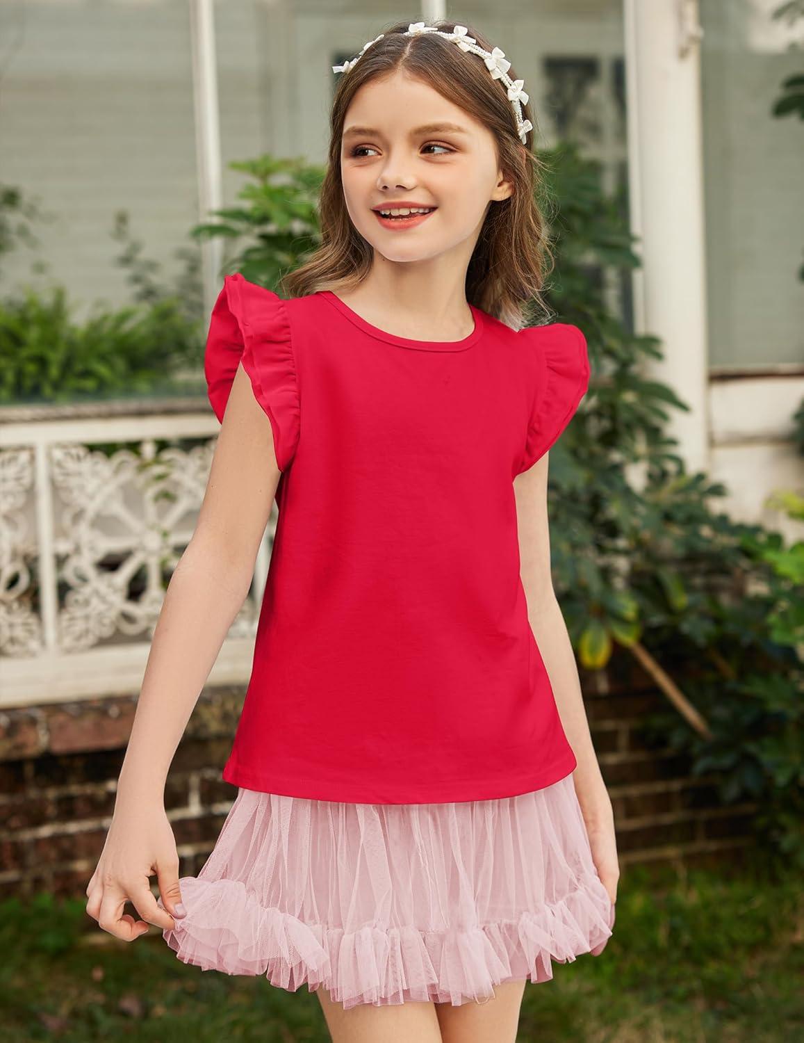 image:imageArshiner Girls Shirts Ruffle Short Sleeve Summer Cute Casual Crewneck Tops Blouse TeeRed