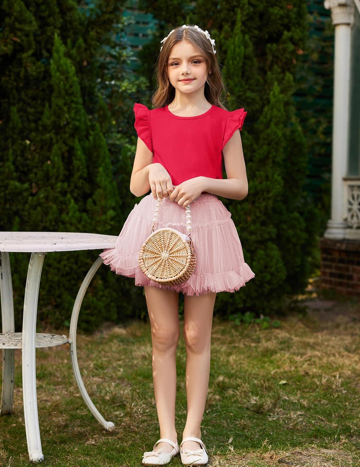 image:imageArshiner Girls Shirts Ruffle Short Sleeve Summer Cute Casual Crewneck Tops Blouse TeeRed