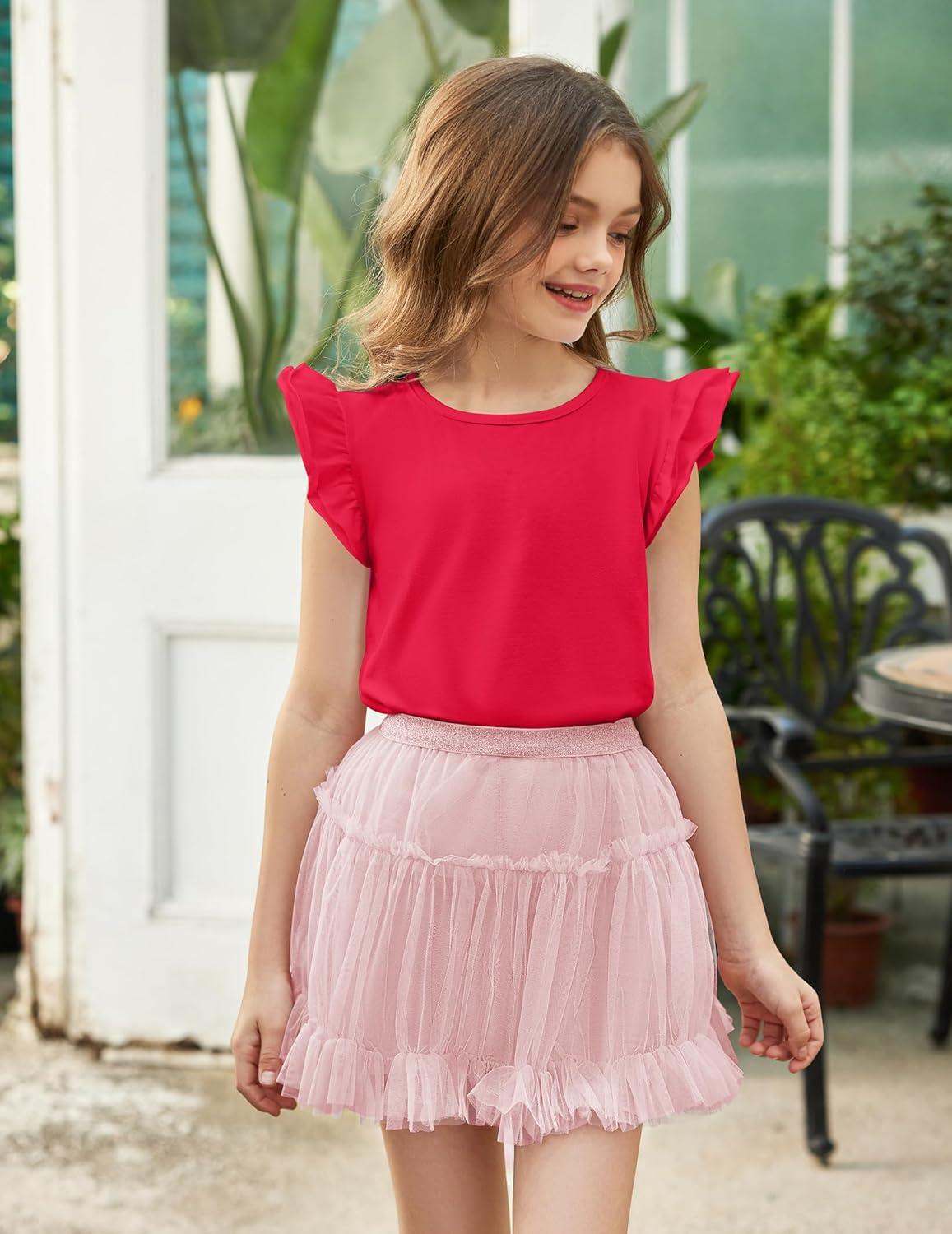 image:imageArshiner Girls Shirts Ruffle Short Sleeve Summer Cute Casual Crewneck Tops Blouse TeeRed